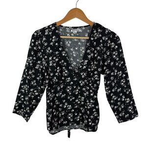 Reformation Black Floral Tie Back‎ Babydoll Blouse Medium Lightweight Feminine